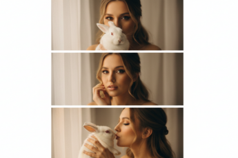 Промпт для фото в стиле 🐰 Нежный триптих: девушка и белый кролик в теплых тонах