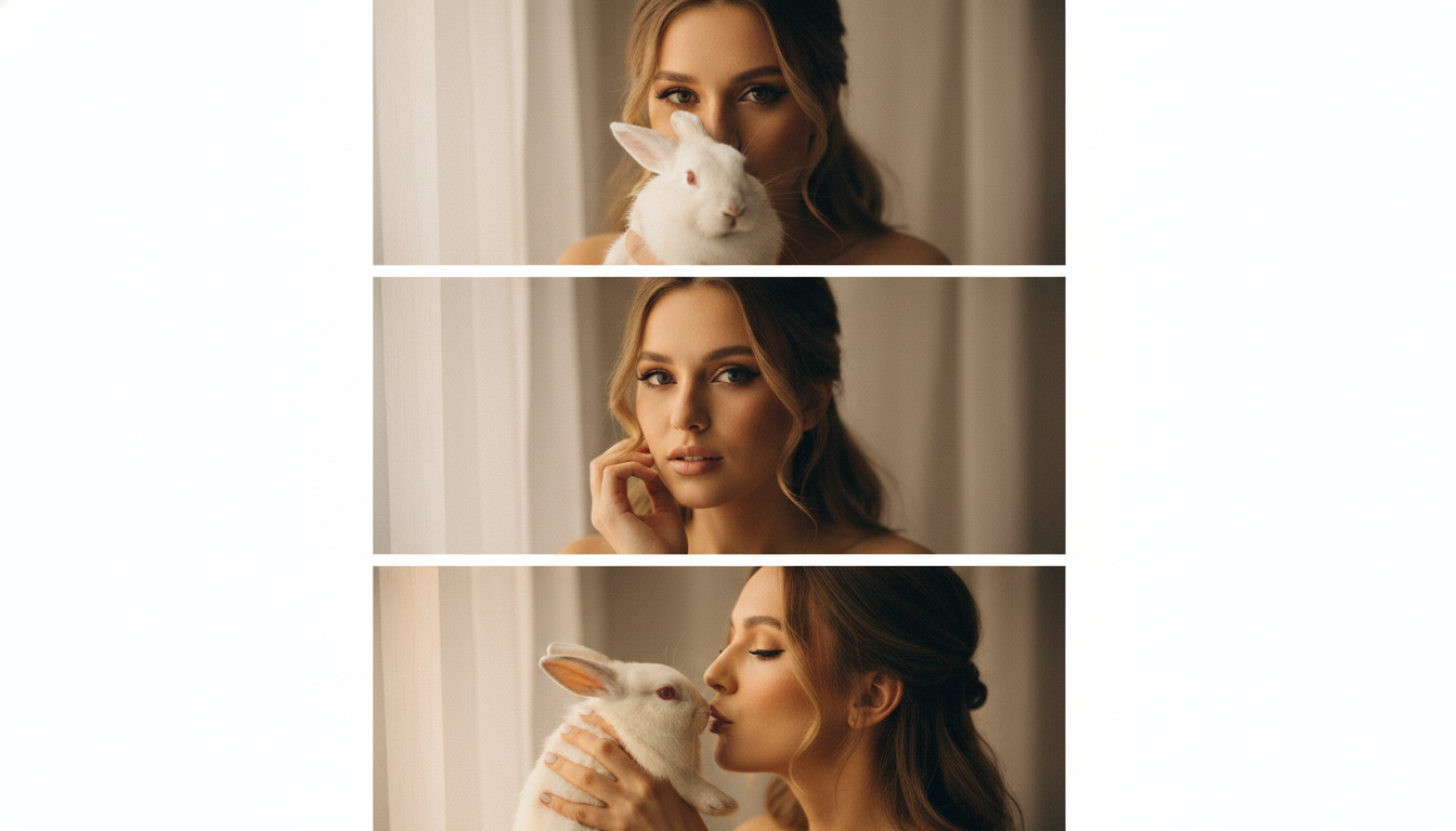 Промпт для фото в стиле 🐰 Нежный триптих: девушка и белый кролик в теплых тонах