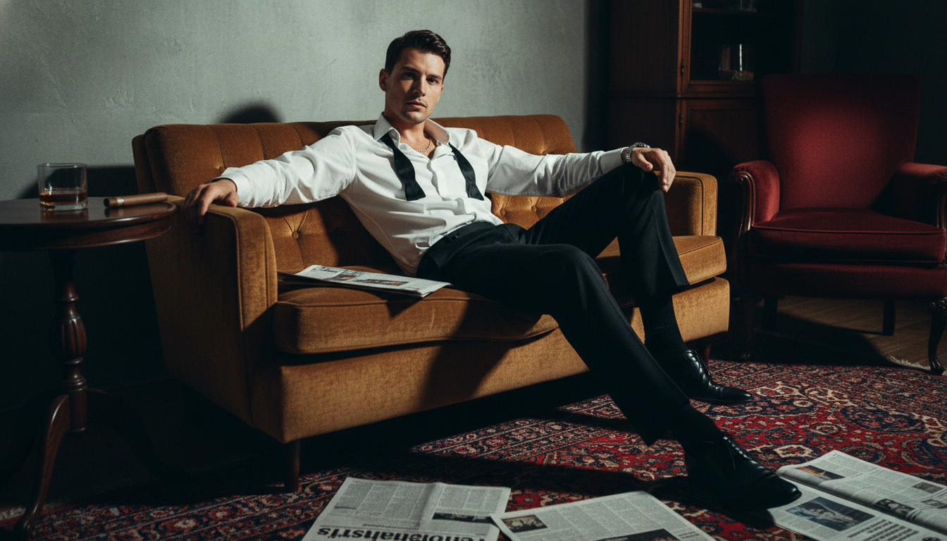 Промпт для фото в стиле 📸 Джентльмен в развязанной бабочке: фотосессия в стиле нуар