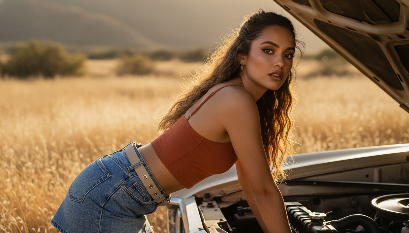 Промпт для фото в стиле 🌅 Девушка и закат: магия автомобильной фотосессии