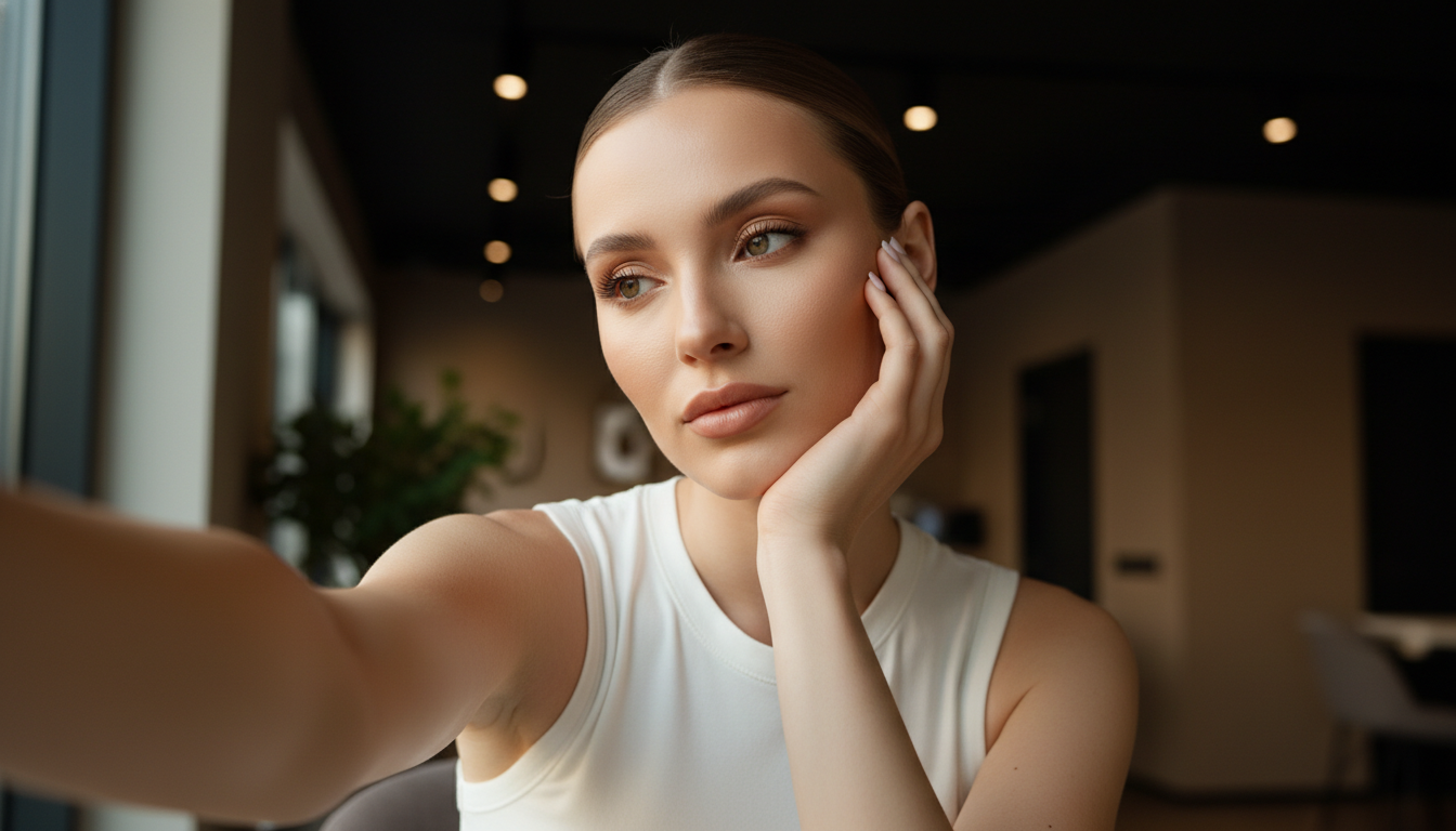 Промпт для фото в стиле 📸 Нежный селфи-портрет в золотистом свете