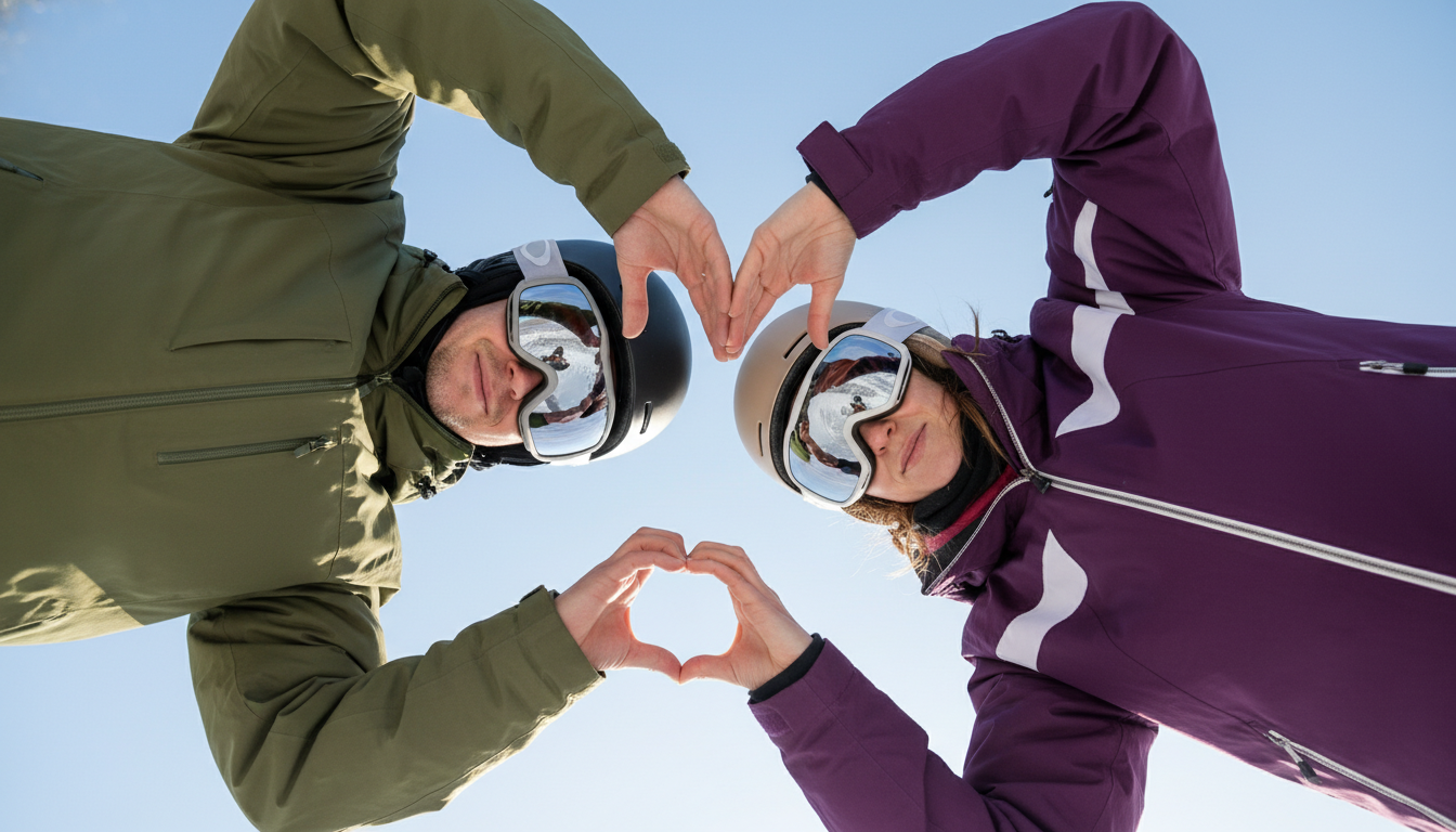 Промпт для фото в стиле ❤️ Сердце из рук: любовь на горнолыжном склоне