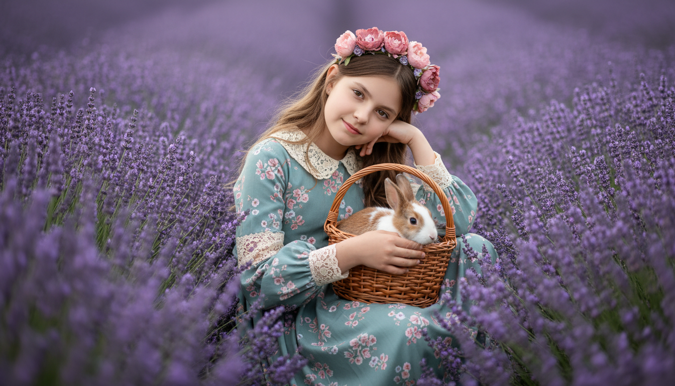 Промпт для фото в стиле 🌸 В лавандовых снах: девочка и пушистый друг