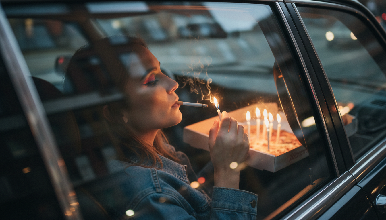 Промпт для фото в стиле 🌃 Одинокий день рождения в такси