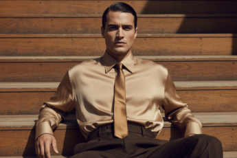 Промпт для фото в стиле 📸 Роскошный портрет в золотисто-бежевых тонах на деревянной лестнице