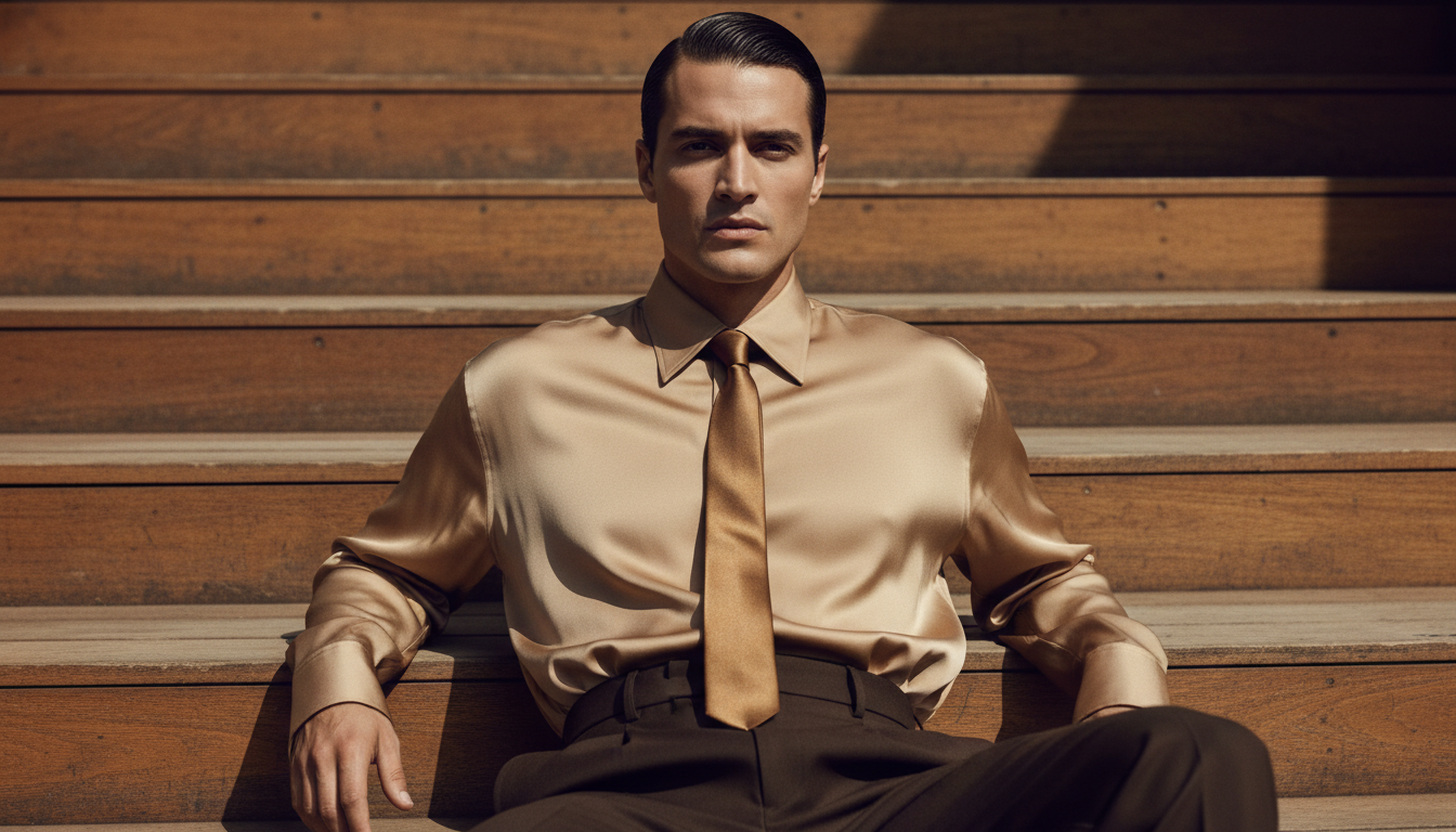 Промпт для фото в стиле 📸 Роскошный портрет в золотисто-бежевых тонах на деревянной лестнице