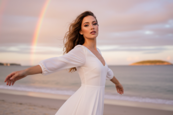 Промпт для фото в стиле 🌅 Магия закатного света: девушка в белом у радуги