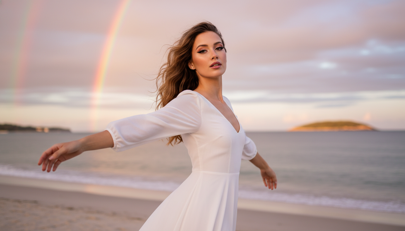 Промпт для фото в стиле 🌅 Магия закатного света: девушка в белом у радуги