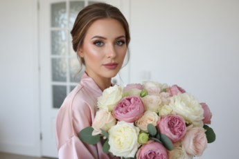 Промпт для фото в стиле 🌸 Нежный утренний портрет с роскошным букетом пионов