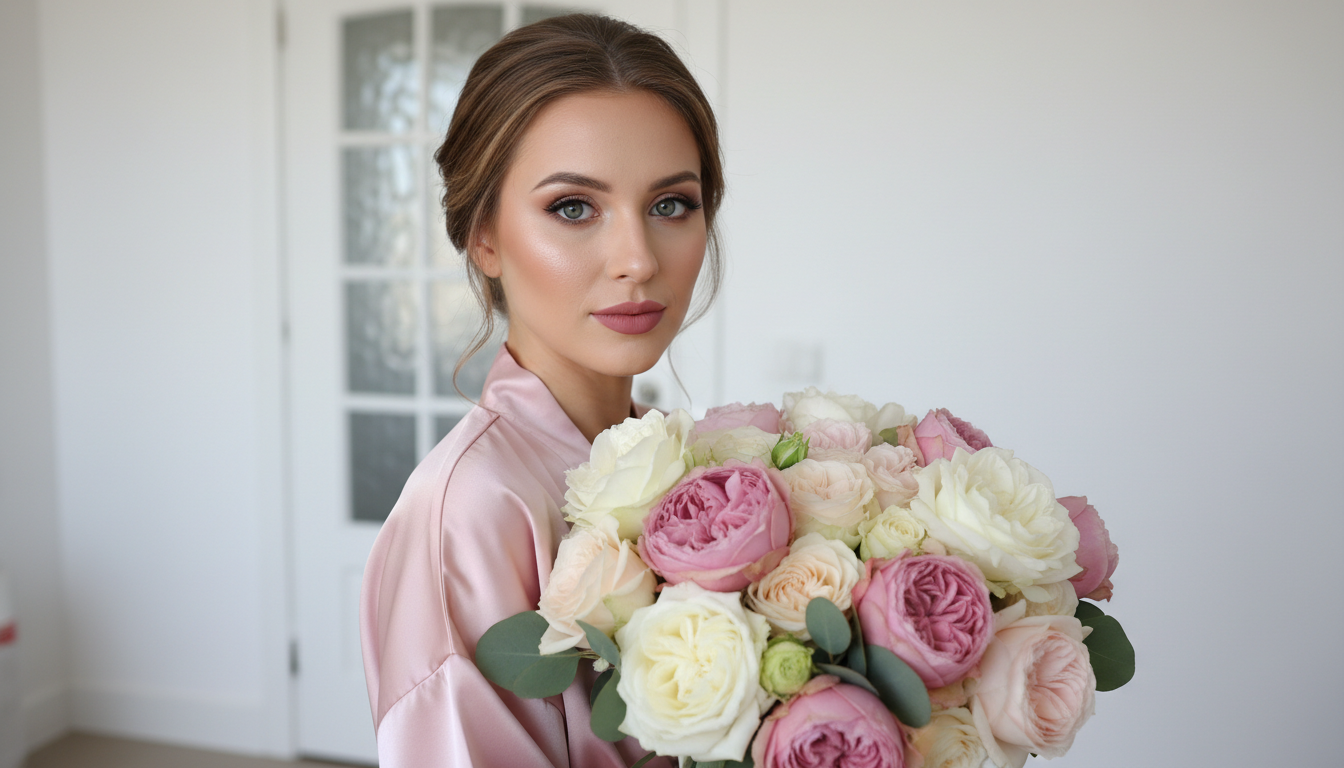 Промпт для фото в стиле 🌸 Нежный утренний портрет с роскошным букетом пионов