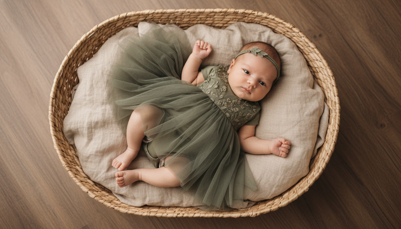 Промпт для фото в стиле 👶 Сказочные моменты: нежная фотосессия новорожденного в оливковых тонах