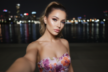 Промпт для фото в стиле 📸 Ночной селфи-момент: блеск города и красота