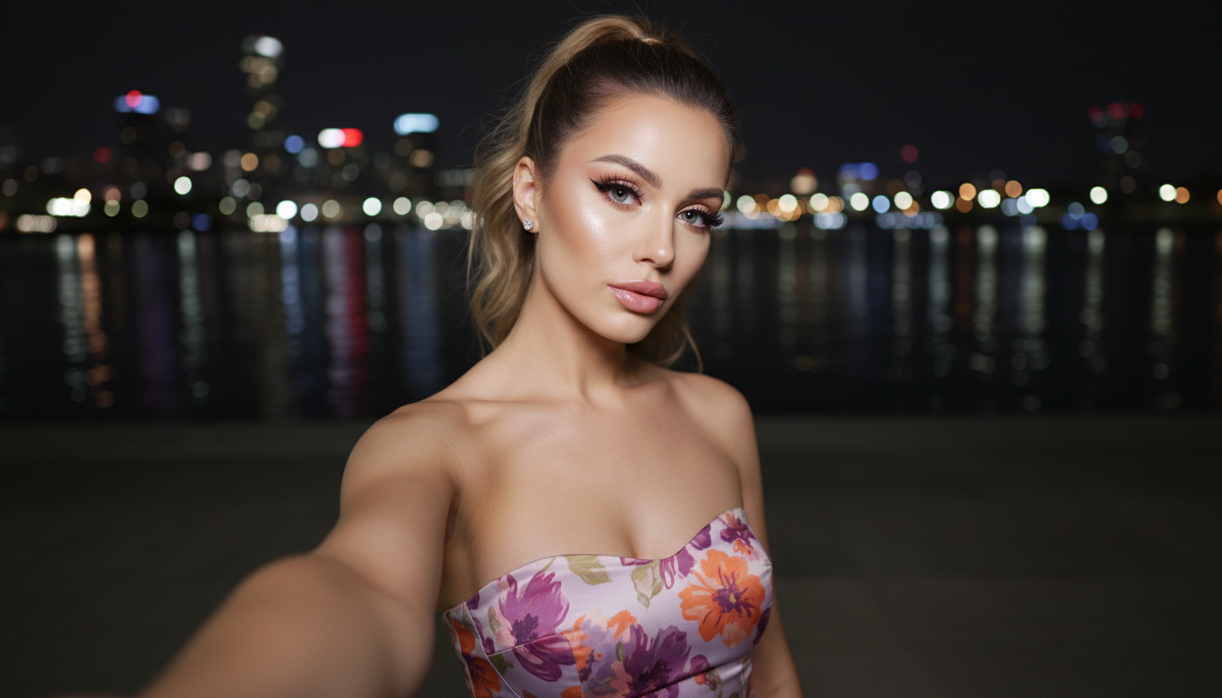 Промпт для фото в стиле 📸 Ночной селфи-момент: блеск города и красота