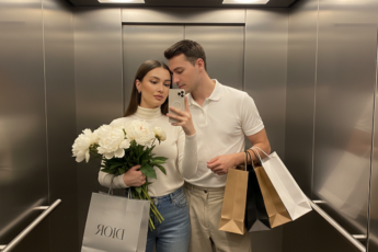 Промпт для фото в стиле 📸 Идеальное селфи: шопинг, пионы и любовь в лифте