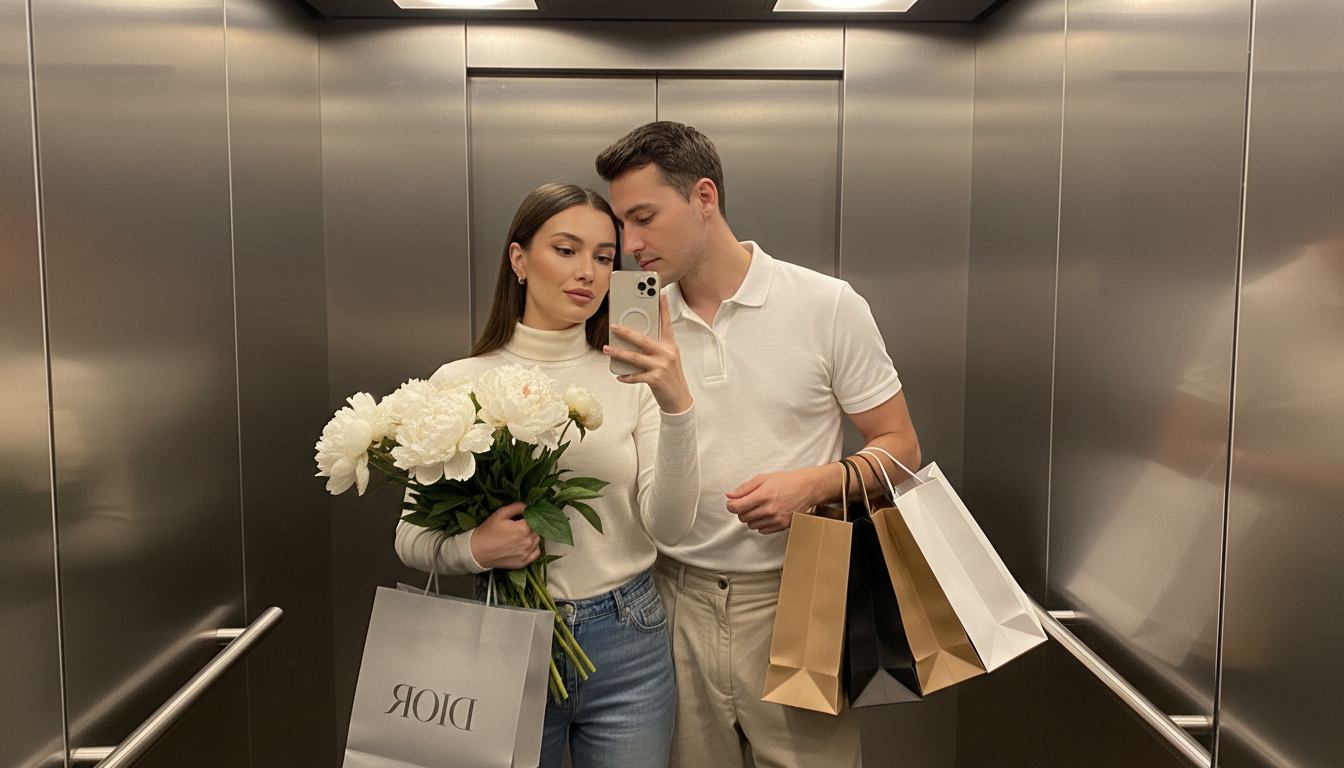 Промпт для фото в стиле 📸 Идеальное селфи: шопинг, пионы и любовь в лифте