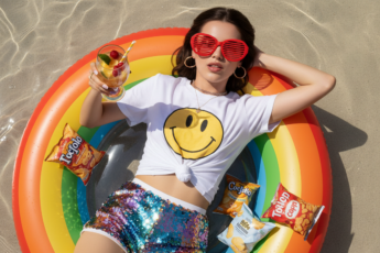 Промпт для фото в стиле 🌞 Идеальный летний чилл: девушка, коктейль и радужный матрас