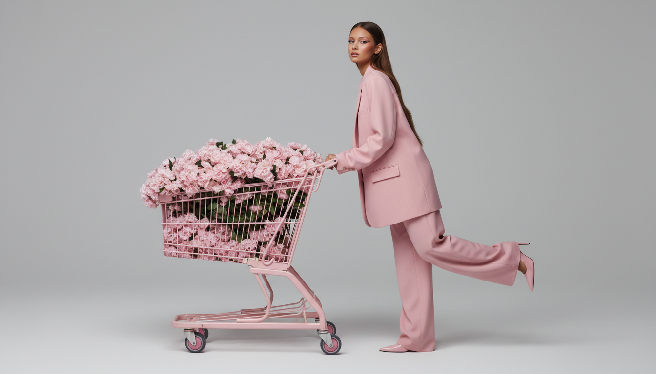 Промпт для фото в стиле 🛒 Розовая фантазия: когда шопинг встречается с искусством