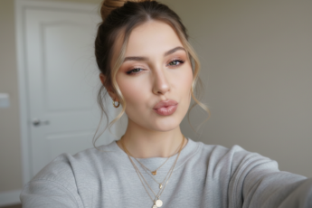 Промпт для фото в стиле 📸 Игривое домашнее селфи с безупречным макияжем