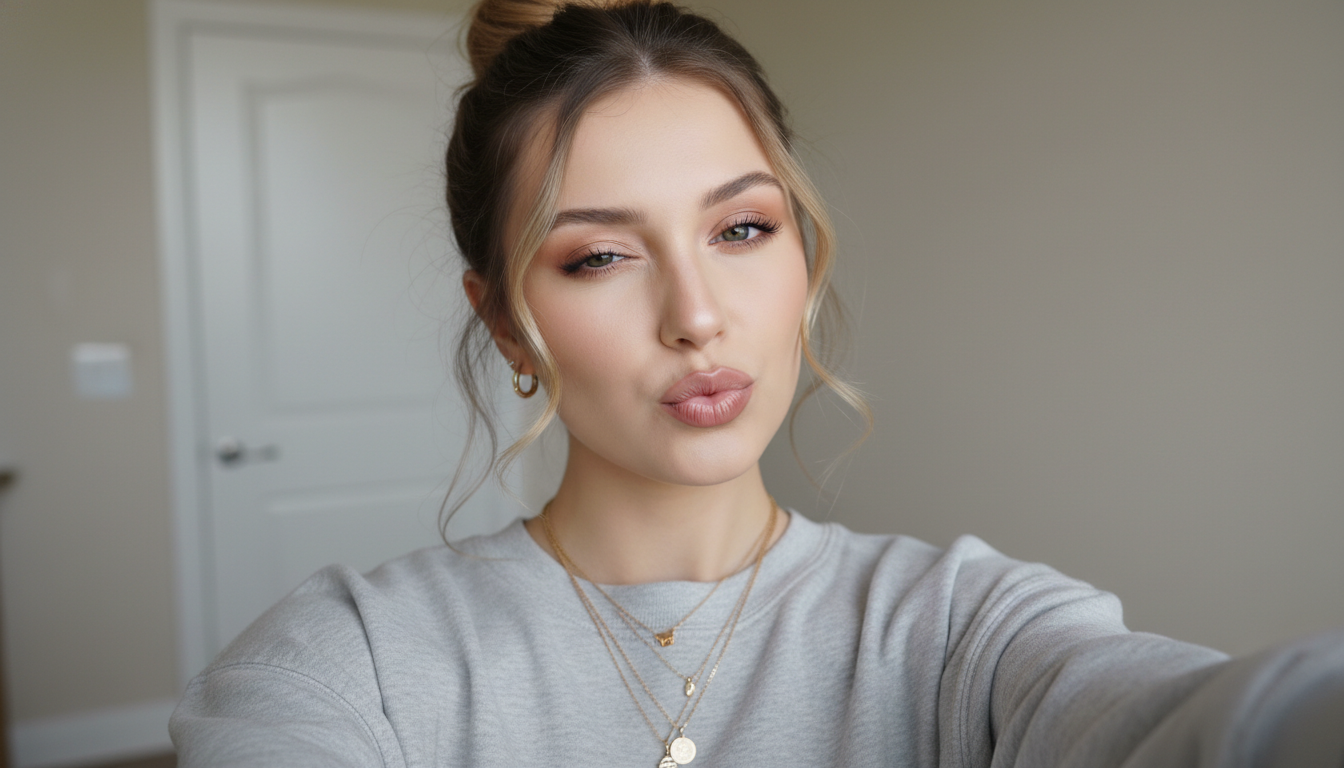 Промпт для фото в стиле 📸 Игривое домашнее селфи с безупречным макияжем