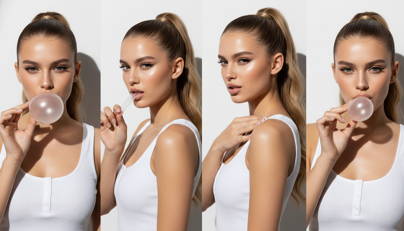 Промпт для фото в стиле 📸 Игривые селфи с бабл-гам: глянцевая фотосессия