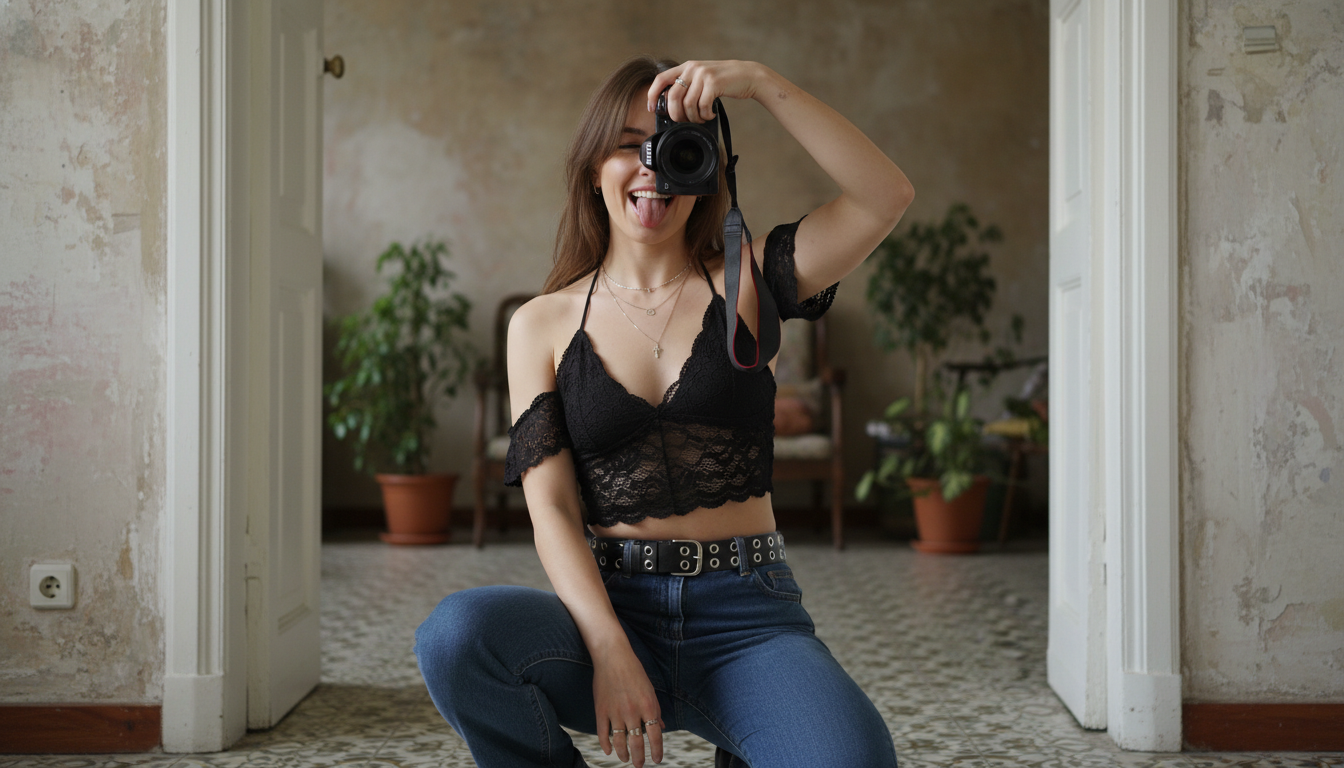 Промпт для фото в стиле 📸 Озорное селфи в старом зеркале: когда фотограф на стиле