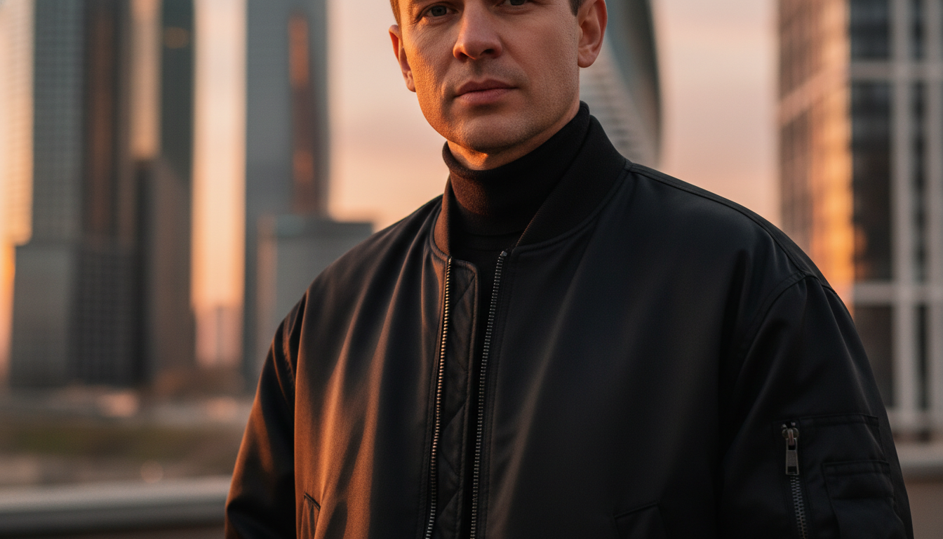 Промпт для фото в стиле 🌆 Портрет на закате: мужской стиль в городском ритме