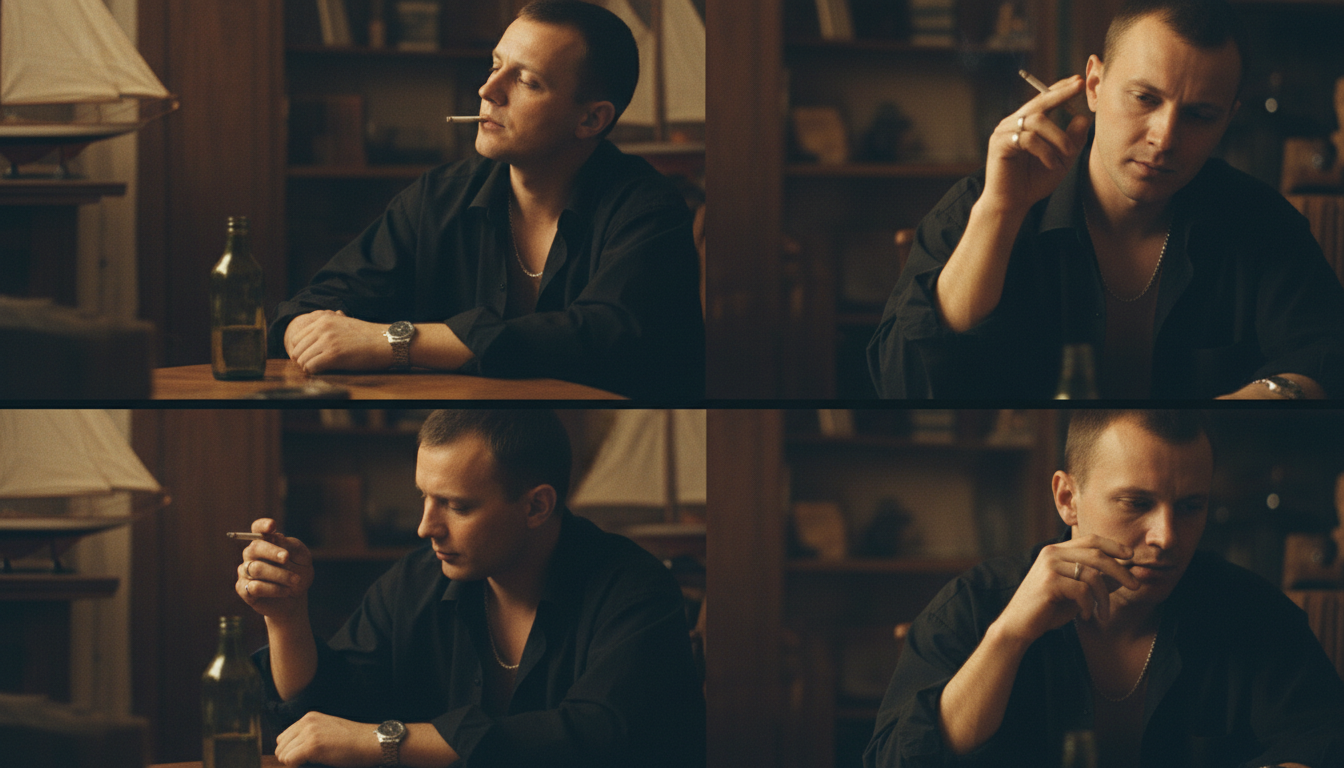 Промпт для фото в стиле 📷 Бандитский триптих: дым, стиль и 90-е