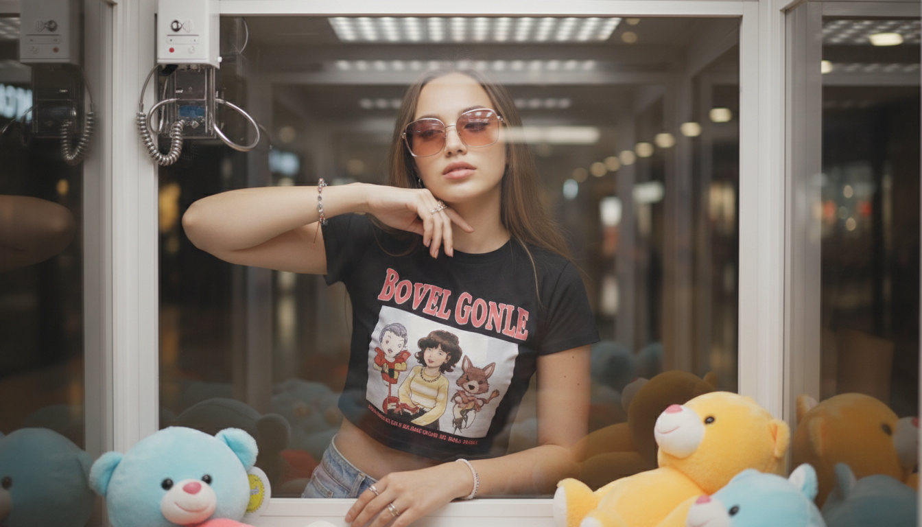 Промпт для фото в стиле 🎮 За стеклом автомата: между детством и стилем