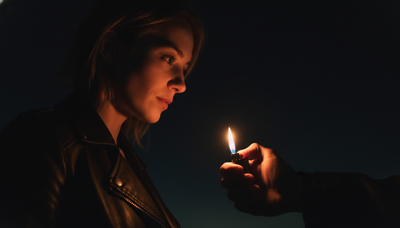 Промпт для фото в стиле 🌙 В лучах пламени: портрет незнакомки