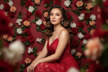 Промпт для фото в стиле 🌺 Дама в красном: слияние с цветущей стеной