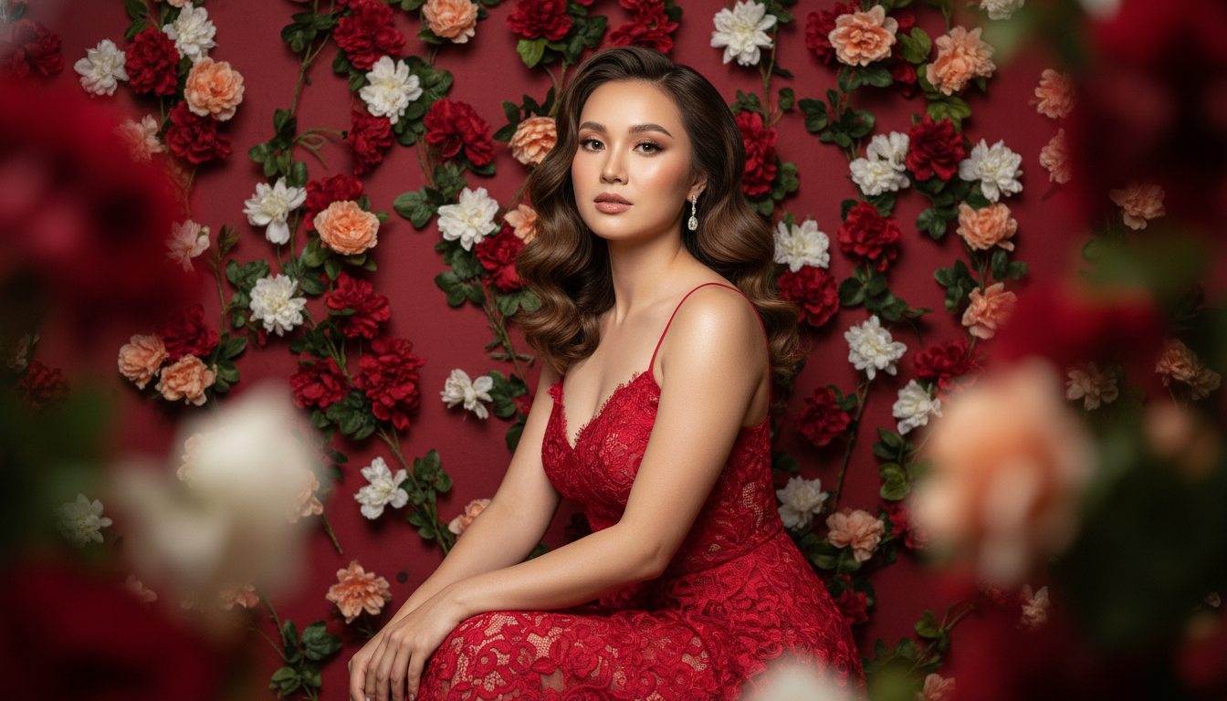 Промпт для фото в стиле 🌺 Дама в красном: слияние с цветущей стеной