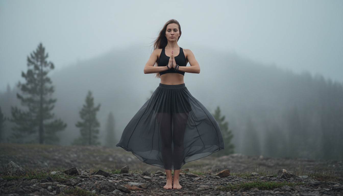Промпт для фото в стиле 🧘♀️ В гармонии с туманными вершинами