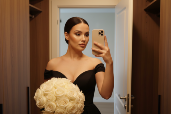 Промпт для фото в стиле 📸 Зеркальное селфи с букетом роз в гардеробной