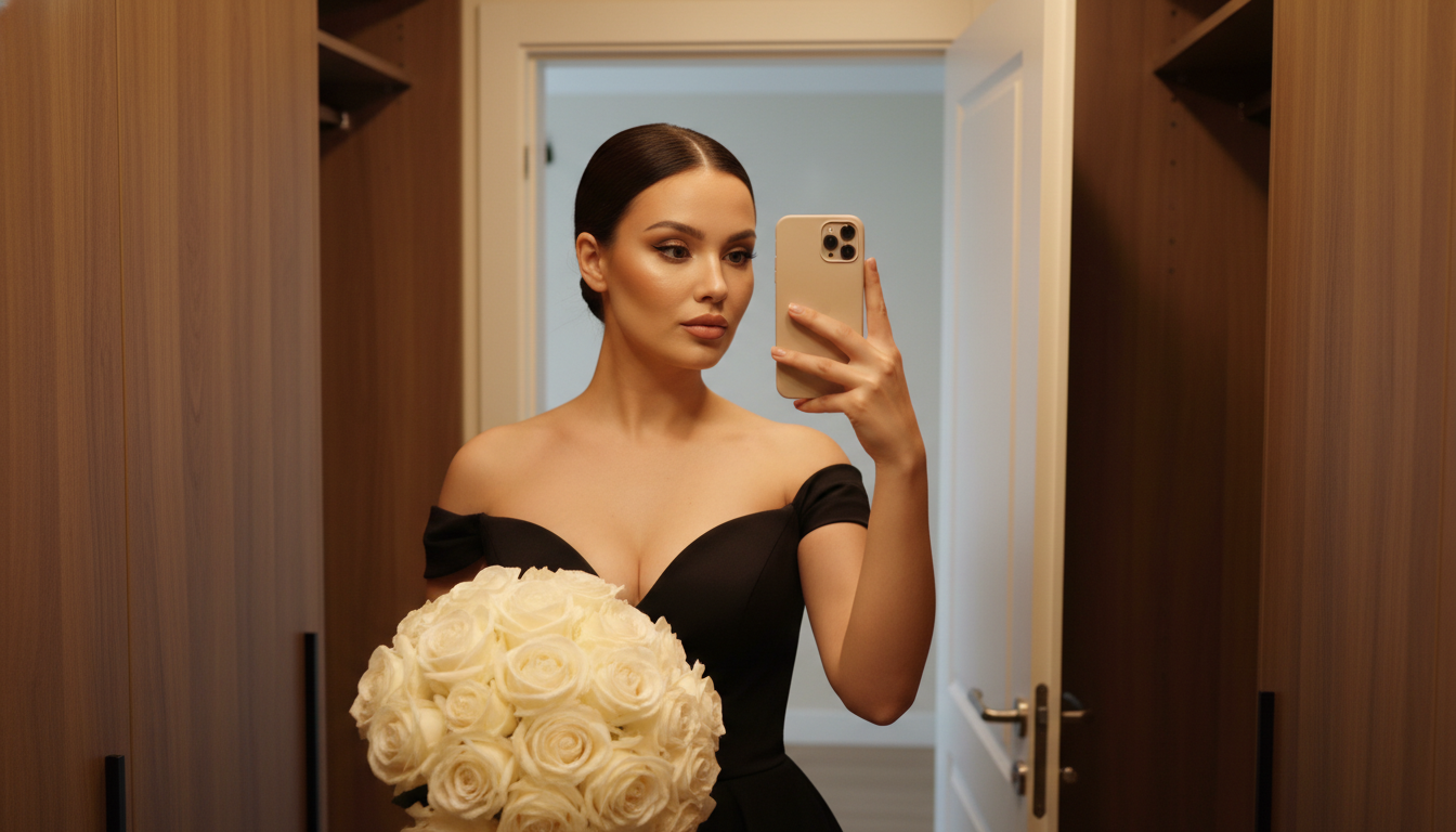 Промпт для фото в стиле 📸 Зеркальное селфи с букетом роз в гардеробной