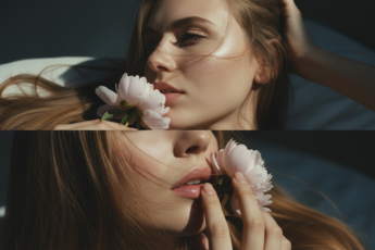 Промпт для фото в стиле 🌸 Нежные моменты: портрет с пионом в двух настроениях