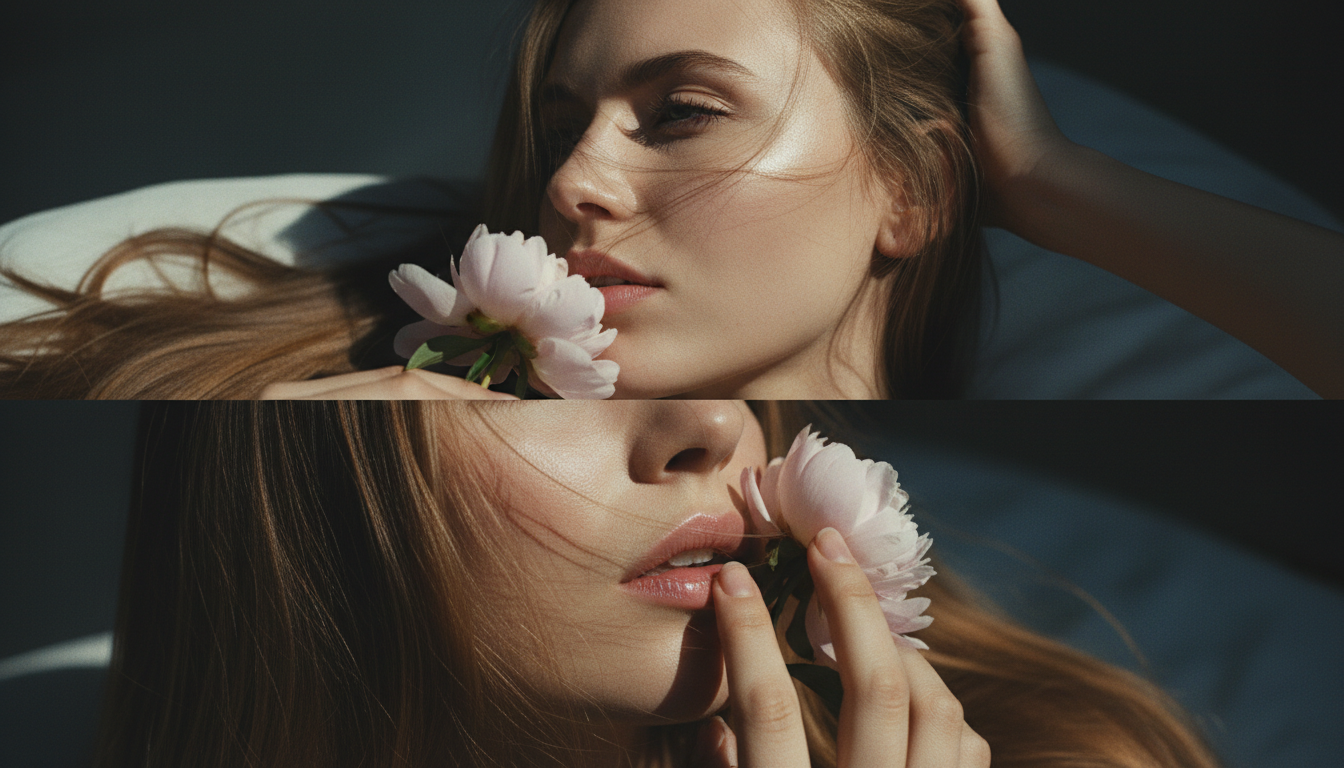 Промпт для фото в стиле 🌸 Нежные моменты: портрет с пионом в двух настроениях