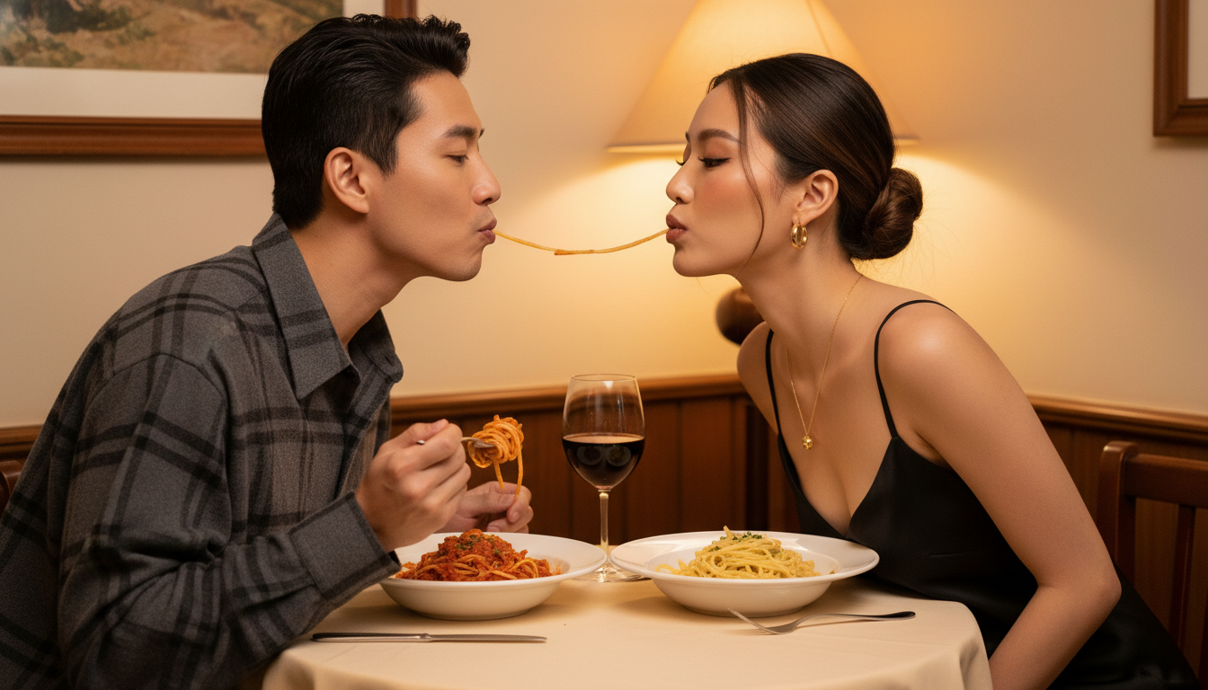 Промпт для фото в стиле 🍝 Леди и Бродяга: романтический ужин в теплых тонах