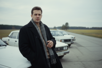 Промпт для фото в стиле 🕴️ Лихие 90-е: портрет эпохи у сельской дороги