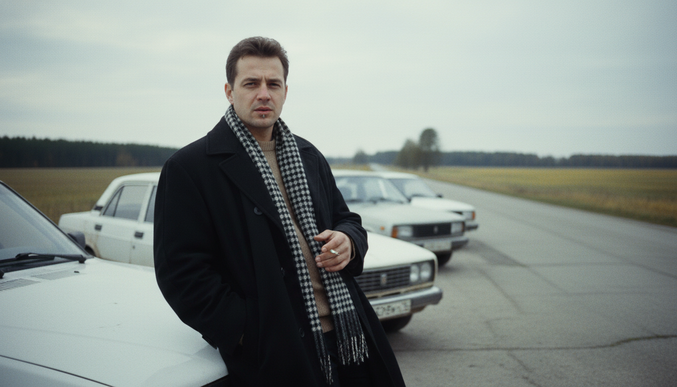 Промпт для фото в стиле 🕴️ Лихие 90-е: портрет эпохи у сельской дороги