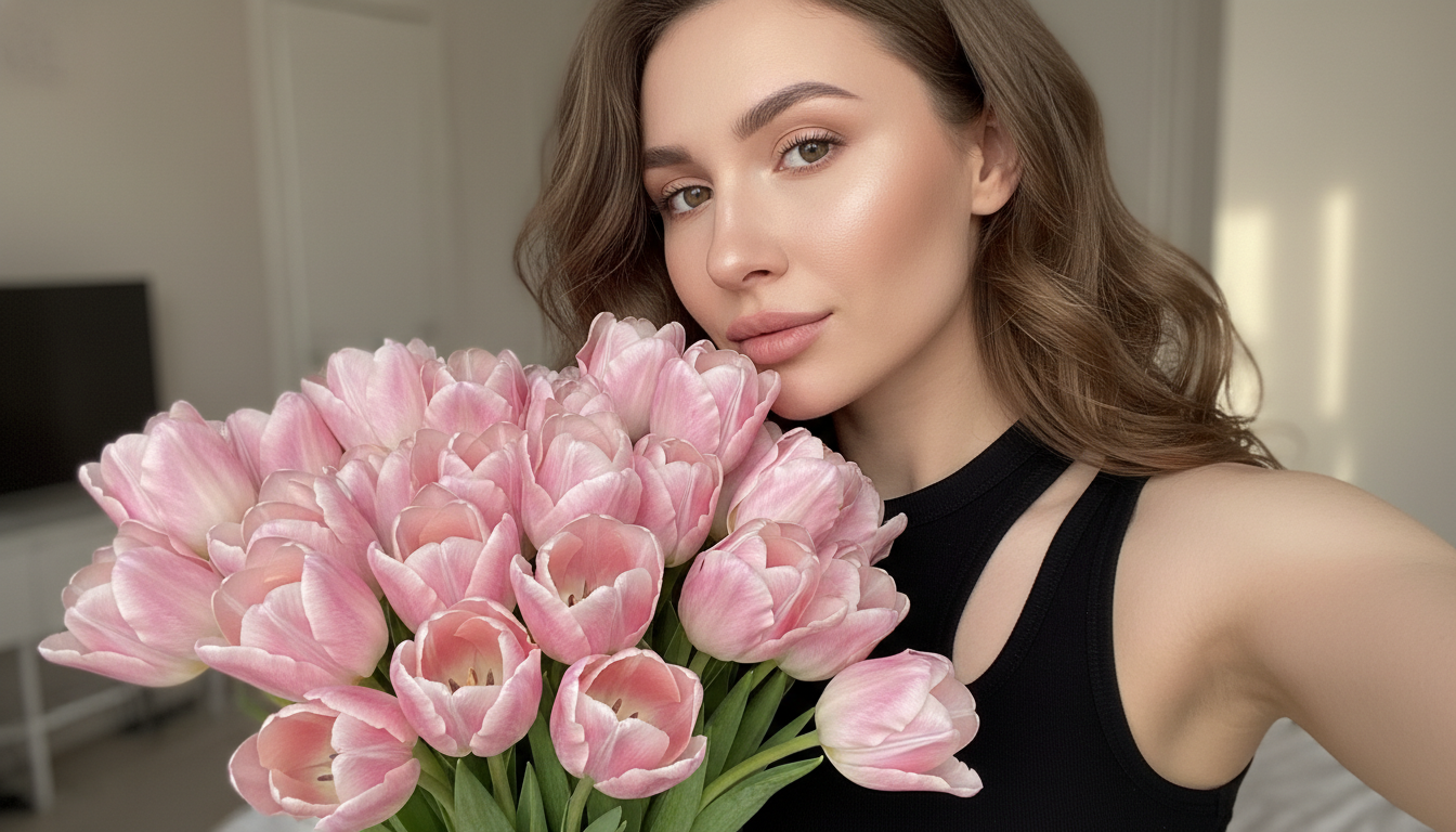 Промпт для фото в стиле 📸 Тюльпаны, селфи и ностальгия по 2000-м
