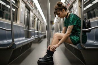 Промпт для фото в стиле 🚇 Модница в пустом вагоне: застывший момент городской меланхолии