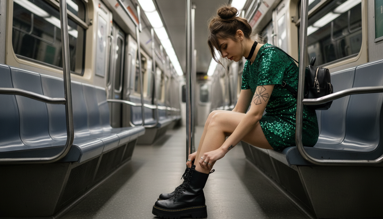 Промпт для фото в стиле 🚇 Модница в пустом вагоне: застывший момент городской меланхолии