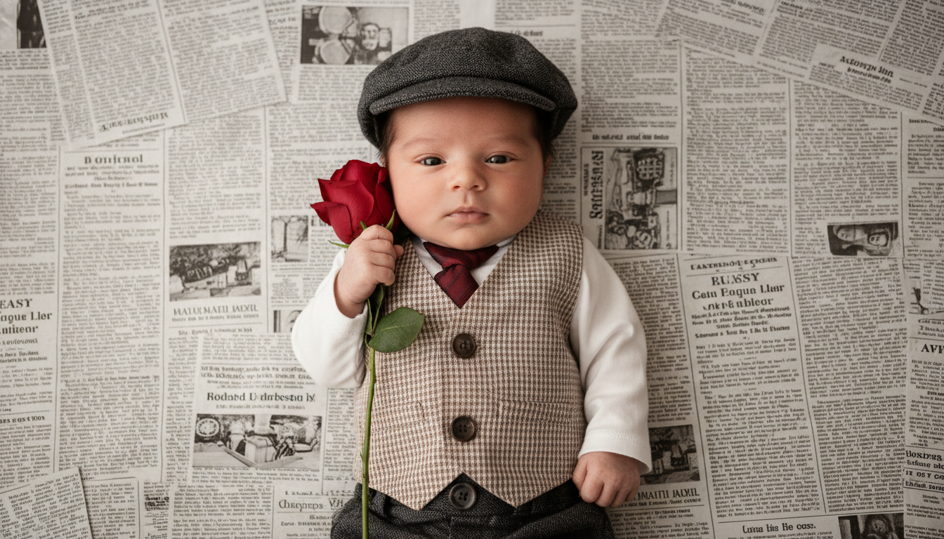 Промпт для фото в стиле 📰 Малыш-джентльмен в мире винтажных газет