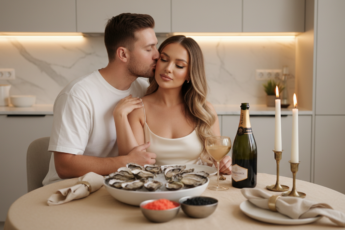 Промпт для фото в стиле 🥂 Романтический ужин с устрицами при свечах