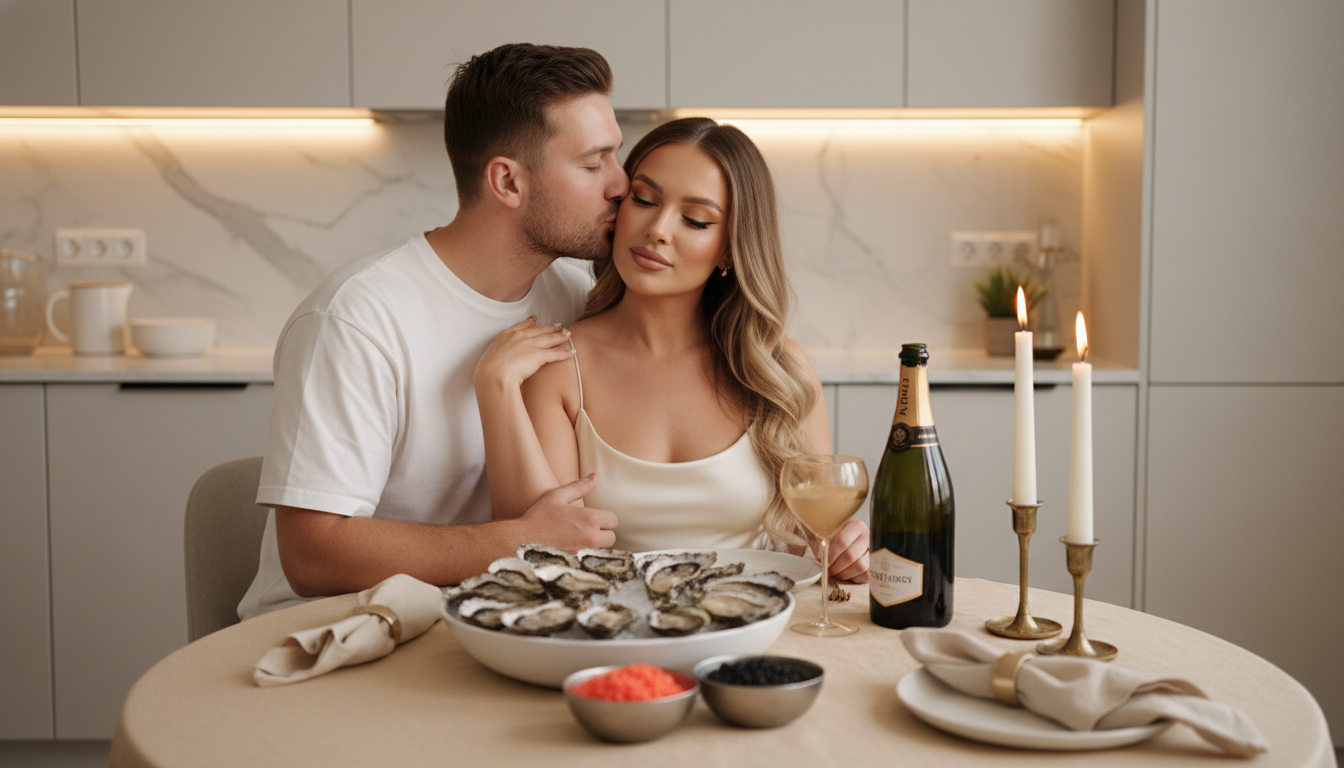 Промпт для фото в стиле 🥂 Романтический ужин с устрицами при свечах
