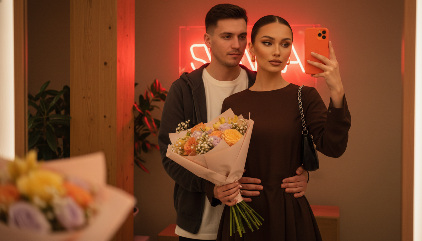 Промпт для фото в стиле 📸 Романтическое селфи в янтарных огнях ночного города