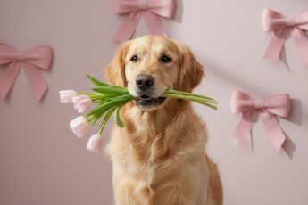Промпт для фото в стиле 🌷 Романтичный питомец с букетом на розовом фоне