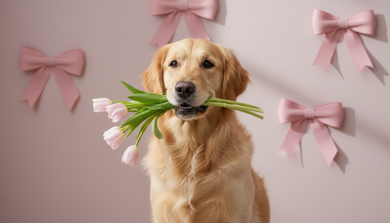Промпт для фото в стиле 🌷 Романтичный питомец с букетом на розовом фоне