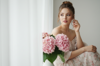 Промпт для фото в стиле 🌸 Нежный портрет у окна: романтика в розовых тонах