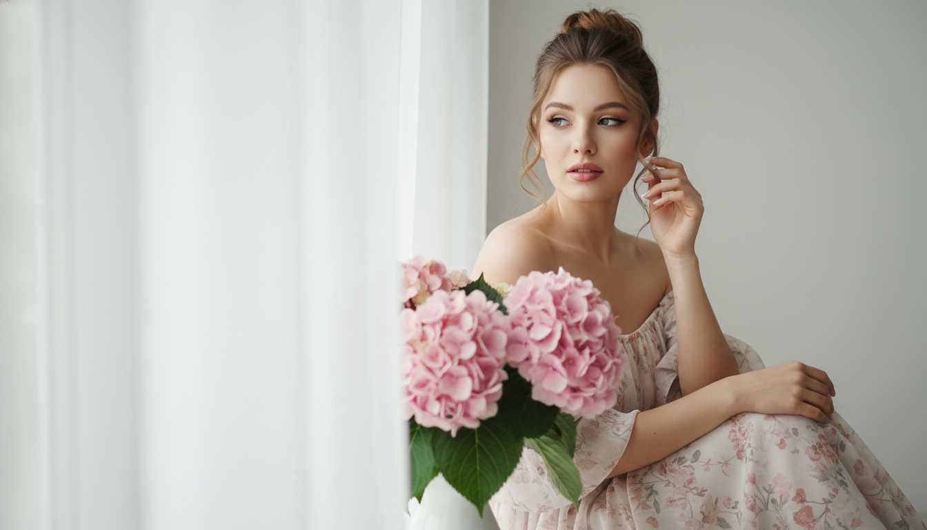 Промпт для фото в стиле 🌸 Нежный портрет у окна: романтика в розовых тонах